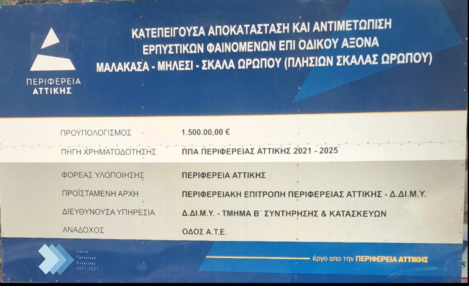 Έναρξη εργασιών αποκατάστασης στον δρόμο Μαλακάσας – Μηλεσίου – Σκάλας Ωρωπού
